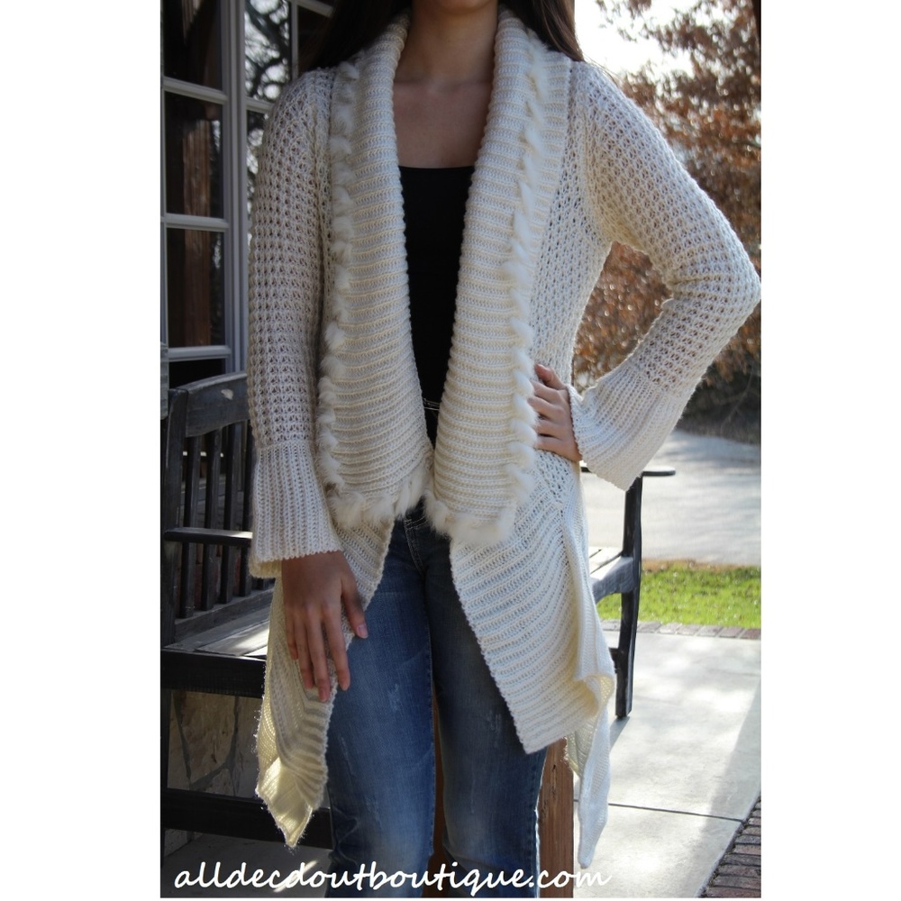 Lily Sweater Cardigan Womens Fur Trim Cream New